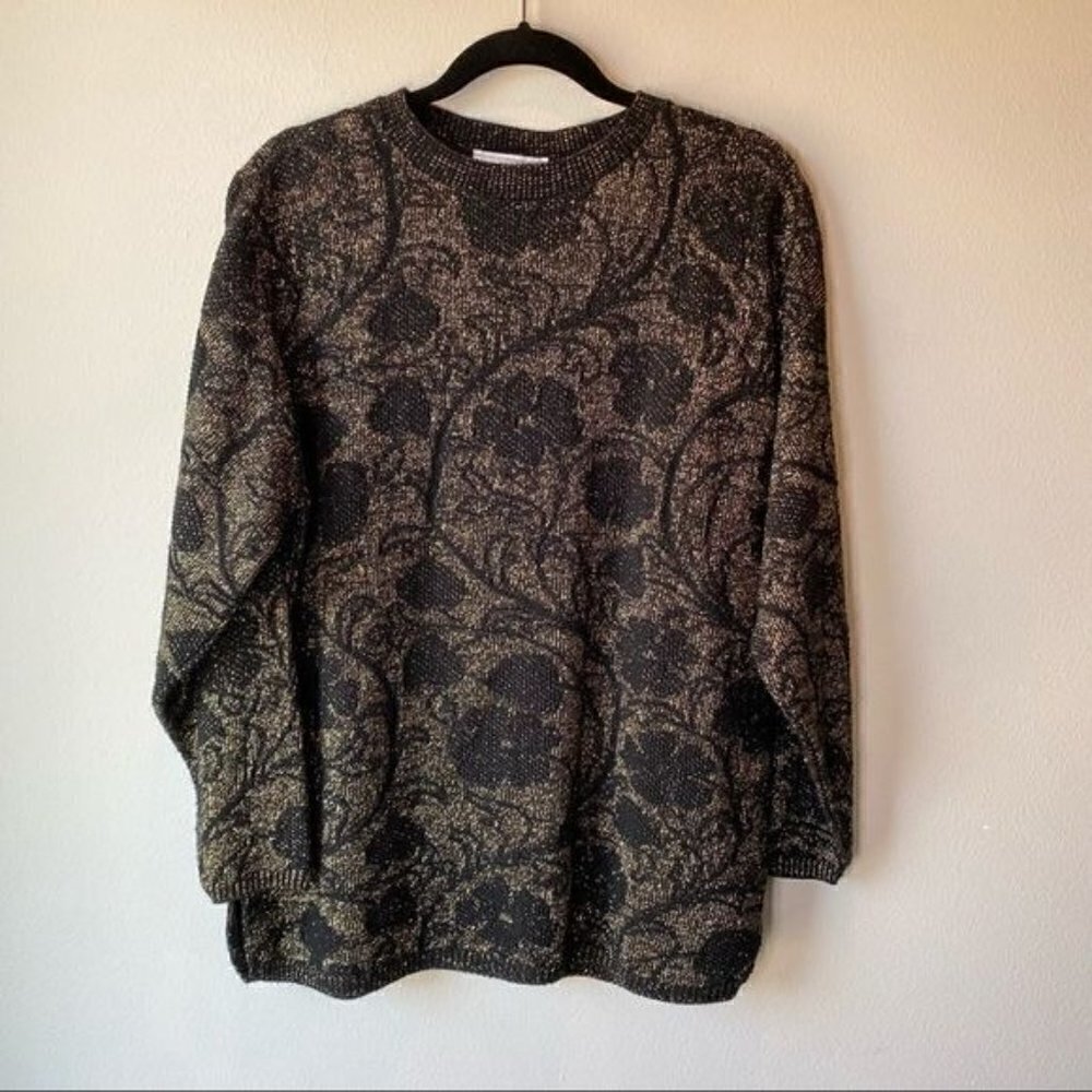 Vintage Carly Blake Black Gold Floral Simmer Pullover Sweater XL